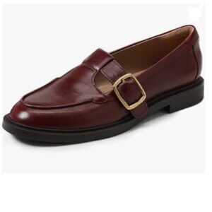 YDN Brown Low Heel Loafers Round Toe Chunky Heel Adjustable Buckled T-Strap Shoe